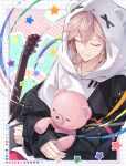  1boy animal_hood bandaid bandaid_on_shoulder barcode barcode_tattoo bear_hood black_jacket closed_eyes commentary guitar highres holding holding_stuffed_toy holostars hood hood_up hoodie instrument jacket jewelry male_focus neck_tattoo necklace official_alternate_costume pink_hair rikka_(5th_costume)_(holostars) rikka_(holostars) sleeping slime_(user_jpds8754) smile spanner_(holostars) star_(symbol) stuffed_animal stuffed_toy tattoo teddy_bear untranslatable_commentary upper_body virtual_youtuber white_hoodie 