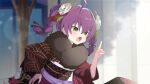 1girl ahoge artist_request braid brown_kimono fang floral_print floral_print_kimono flower fur-trimmed_kimono fur_trim game_asset green_eyes hair_between_eyes hair_flower hair_ornament hair_ribbon hand_on_own_hip japanese_clothes kimono kuchiba_rami muv-luv muv-luv_girls_garden obi official_art open_mouth pointing pointing_up print_kimono purple_hair red_ribbon ribbon sash solo third-party_source tree twin_braids upper_body white_flower 