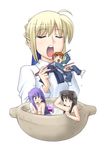  4girls artist_request artoria_pendragon_(all) blonde_hair blouse chopsticks cup eating emiya_shirou fate/stay_night fate_(series) giantess in_container in_cup long_sleeves matou_sakura minigirl multiple_girls raglan_sleeves rider saber toosaka_rin vore 