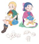  2girls aged_down alternate_hairstyle bianca_(dq5) blonde_hair blue_bow blue_bowtie blue_eyes blue_hair boned_meat boots bow bowtie bracelet braid braided_ponytail brown_boots closed_eyes closed_mouth commentary_request dragon_quest dragon_quest_monsters_4 dragon_quest_v dress earrings flora_(dq5) food forehead full_body great_sabrecub green_poncho hair_bow hair_pulled_back half_up_braid healslime highres jewelry long_hair low_twin_braids low_twintails meat medium_hair multiple_girls multiple_views notice_lines on_lap open_mouth orange_dress pink_bow pink_bowtie pink_poncho ponytail simple_background sitting slime_(dragon_quest) smile tsunao527 twin_braids twintails white_background white_dress 