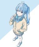 1girl absurdres ahoge arahashi_tabi arm_at_side blue_bow blue_bowtie blue_eyes blue_hair bow bowtie brown_cardigan cardigan commentary_request double-parted_bangs drink_carton drinking drinking_straw drinking_straw_in_mouth fingernails from_above full_body grey_skirt hand_in_pocket hand_up headphones headphones_around_neck heart heart_ahoge highres holding holding_drink_carton holding_milk_carton korean_commentary long_sleeves looking_at_viewer looking_up milk_carton miniskirt pleated_skirt school_uniform shoes sidelocks skirt sneakers socks solo standing stellive straight_hair twintails two-tone_background virtual_youtuber wabtteong white_shoes white_socks 