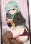  1girl absurdres aqua_eyes aqua_hair ass blazer blush breasts brown_cardigan brown_jacket brown_skirt brown_thighhighs cardigan cellphone commentary_request frilled_skirt frills hair_between_eyes hair_ornament hairclip highres holding holding_phone indoors jacket kantai_collection keke_(user_djyu7823) lace-trimmed_panties lace_trim large_breasts long_hair long_sleeves looking_at_phone mirror mirror_selfie open_mouth panties phone pleated_skirt purple_panties reflection reflection_focus school_uniform selfie sitting skirt sleeves_past_wrists smartphone smile solo striped_clothes striped_thighhighs suzuya_(kancolle) taking_picture thighhighs underwear vertical-striped_clothes vertical-striped_thighhighs yokozuwari 