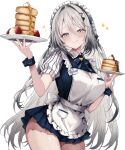  1girl apron arms_up blue_bow blue_dress blue_eyes blue_wrist_cuffs bow braid braided_twintails breasts cherry chocolate closed_mouth coco1skidayo commentary cowboy_shot cream dress food frilled_apron frills fruit grey_hair hair_between_eyes hair_intakes hair_ornament hairclip highres holding holding_plate large_breasts long_hair looking_at_viewer mole mole_under_eye mole_under_mouth multiple_moles nijisanji pancake pancake_stack plate pleated_dress short_sleeves simple_background smile solo sophia_valentine standing strawberry syrup tongue tongue_out twintails untranslatable_commentary vertical-striped_sleeves white_apron white_background white_headdress white_sleeves wrist_cuffs 