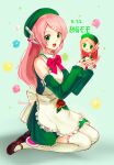  1girl :d apron back_bow bare_shoulders beanie bow bowtie breasts brown_shoes candy character_doll chromatic_aberration collared_dress commentary_request dated detached_sleeves doll dress food frilled_apron frills full_body green_background green_dress green_eyes green_hat green_sleeves hair_ornament hairclip hands_up hat highres holding holding_doll konpeitou long_hair long_sleeves looking_at_viewer mary_janes momone_momo open_mouth parallel_hairclips petticoat pink_bow pink_bowtie pink_hair puffy_long_sleeves puffy_sleeves raised_eyebrows ramune55ni seiza shadow shoes sidelocks simple_background sitting sleeve_bow sleeveless sleeveless_dress sleeves_past_wrists small_breasts smile solo straight_hair swept_bangs tareme thighhighs tongue translation_request utau white_apron white_bow white_thighhighs white_trim zettai_ryouiki 