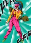  1boy commentary_request facial_hair green_background green_eyes green_hair green_shoes hat jojo_no_kimyou_na_bouken jojo_pose jonathan_joestar's_pose male_focus mario mario_(series) mustache orange_shirt overalls parody pink_hat pink_overalls piranha_plant shirt shoes sideburns solo style_parody touyama_maki 