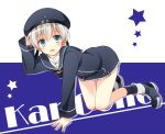  1girl black_neckerchief blue_dress blue_eyes blue_hat blue_sailor_collar blue_socks blush clothes_writing commentary_request copyright_name dress grey_hair hat kantai_collection kubyou_azami long_sleeves looking_at_viewer neckerchief open_mouth sailor_collar sailor_dress sailor_hat shoes short_dress short_hair socks solo star_(symbol) two-tone_background z1_leberecht_maass_(kancolle) 