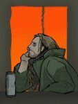  1boy bags_under_eyes beard black_scarf blonde_hair blue_eyes can closed_mouth dreadlocks drink drink_can energy_drink facial_hair from_side full_beard green_jacket hand_on_own_face highres jacket jesus_christ_superstar judas_iscariot long_hair male_focus monster_energy pedalingsu scarf 