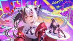  1girl :o ;o absurdres ahoge arm_support asymmetrical_legwear bare_shoulders black_choker che_zero chinese_commentary choker commentary_request ferris_wheel hair_ornament heart heart_hair_ornament highres jacket kneehighs lacrimosa_(new_moon_lullaby)_(nte) lacrimosa_(nte) long_hair long_sleeves looking_at_viewer multicolored_hair multiple_views neverness_to_everness off_shoulder official_alternate_costume official_alternate_hairstyle one_eye_closed open_clothes open_jacket parted_lips red_eyes shade shirt sitting socks striped_clothes striped_thighhighs thigh_strap thighhighs twintails two-tone_hair two_side_up very_long_hair white_shirt x_hair_ornament 