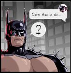  1boy 1girl absolute_batman absolute_dc animal_ear_helmet animal_helmet bare_pectorals bat_mask batman batman_(absolute_dc) batman_(series) bodysuit cat_helmet catwoman catwoman_(absolute_dc) commentary couple cover_them_up_slut_(meme) dc_comics english_commentary grey_bodysuit hft_art highres large_pectorals male_focus meme muscular muscular_male pectorals superhero_costume taut_bodysuit taut_clothes topless_male 