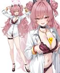  1girl absurdres black_choker black_hairband black_shoes blue_archive blush bra bracelet breasts choker commentary credit_card double_bun double_v fake_horns fang fingernails fluffy_hair gold_bracelet gold_necklace grabbing_own_breast hair_bun hairband halo high_heels highres horn_hairband horns jewelry kirara_(blue_archive) large_breasts long_fingernails long_hair looking_at_viewer navel necklace open_clothes open_mouth open_shirt panties pink_eyes pink_hair purple_halo red_bra red_panties shigure_s shirt shoes stomach underwear v very_long_hair white_shirt 