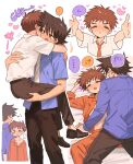  2boys ? blue_shirt blush brown_eyes brown_hair carrying carrying_person collared_shirt commentary_request digimon digimon_adventure hanana_(ymbk_sb) hickey highres implied_after_sex izumi_koshiro male_focus multiple_boys open_mouth orange_pajamas pajamas pants shirt shoes simple_background speech_bubble spiked_hair white_background white_shirt yagami_taichi yaoi 
