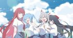  4girls :d akane_lize animal_ear_fluff animal_ears arahashi_tabi arm_at_side black_eyes black_hair blue_bow blue_bowtie blue_eyes blue_hair blue_sky blurry blurry_background blush bow bowtie braid breasts bright_pupils cat_ears cat_girl cloud cloudy_sky collared_shirt commentary_request cowboy_shot cross cross_earrings day double-parted_bangs earrings fang floating_hair grey_eyes grey_hair grey_necktie grey_skirt grin hair_bow hair_ornament hairclip hand_on_another's_head hand_up hands_on_another's_shoulders highres jewelry korean_commentary large_bow large_breasts long_hair looking_at_another looking_at_viewer looking_to_the_side multicolored_hair multiple_girls necktie neneko_mashiro one_eye_closed outdoors pleated_skirt red_bow red_eyes red_hair red_necktie school_uniform shirayuki_hina shirt short_hair short_sleeves sideways_glance single_earring skirt sky smile stellive streaked_hair sweat twintails very_long_hair virtual_youtuber w wabtteong white_pupils white_shirt 