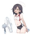  1girl absurdres arms_behind_back black_buruma blue_archive bottle breasts brown_hair brown_halo buruma clothes_lift commentary_request cropped_legs electric_fan fanning_self from_side halo highres holding holding_bottle korean_commentary looking_ahead medium_breasts navel one_eye_closed open_mouth plastic_bottle rang_go short_hair simple_background sketch solo sports_bikini sports_bra sports_bra_lift stomach sweat tan tanlines track_and_field_club_member_(blue_archive) underboob white_background white_sports_bra wristband 