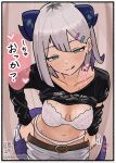  1girl :p arm_cutout artist_name belt birthmark black_shirt blush border borrowed_character bra breasts brown_belt clothes_lift clothing_cutout collarbone colored_speech_bubble commentary_request cowboy_shot dragon_girl dragon_tail ear_piercing freckles fuyudori_yukino green_eyes grey_hair hair_between_eyes hair_ornament hairclip half-closed_eyes highres horns leaning_forward long_sleeves looking_at_viewer medium_breasts medium_hair mole mole_on_breast mole_under_eye motion_lines multicolored_hair original panties pants piercing ponkotsu_kaku_shippo-chan_(rumford) print_shirt purple_hair purple_ribbon purple_scales ribbon shirt shirt_lift sketch_background solo speech_bubble sweat tail tail_ornament tail_ribbon talking tongue tongue_out translation_request twitter_username underwear undressing white_bra white_panties white_pants 