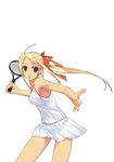  absurdres blonde_hair f-ism highres murakami_suigun original racket red_eyes solo tennis tennis_dress tennis_racket 
