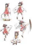  1girl ascot bloomers bow brown_eyes brown_hair chest_sarashi commentary_request detached_sleeves frilled_bow frilled_hair_tubes frilled_skirt frills full_body gohei gyouza_(mhea5724) hair_bow hair_tubes hakurei_reimu highres holding holding_gohei kicking kneehighs leg_up long_hair multiple_views open_mouth red_bow red_skirt ribbon-trimmed_sleeves ribbon_trim sarashi sitting skirt skirt_set smile socks touhou white_bloomers white_socks yellow_ascot 