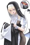  1girl absurdres black_dress black_veil blonde_hair blue_eyes blush commentary_request demon_girl demon_tail demon_wings dress embarrassed highres holding holding_unworn_clothes long_hair looking_at_viewer nun nun_headdress open_mouth original short_sleeves simple_background sister_devil_(hetianming11093) solo tail tanishi_(hetianming11093) veil white_background wings 