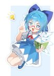  1girl :d bespectacled bloomers blue_bow blue_dress blue_eyes blue_hair blue_shoes book bow bowtie chinese_commentary cirno collared_shirt commentary_request detached_wings dress full_body glasses hair_bow highres holding holding_book ice ice_wings light_bulb looking_at_viewer open_mouth pinafore_dress puffy_short_sleeves puffy_sleeves red-framed_eyewear red_bow red_bowtie semi-rimless_eyewear shirt shoes short_hair short_sleeves siyumu sleeveless sleeveless_dress smile socks solo touhou translation_request under-rim_eyewear white_bloomers white_shirt white_socks wings 