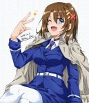  2024 :d belt blue_eyes blue_hair blue_jacket blue_skirt breasts brown_hair coat coat_on_shoulders collared_shirt commentary_request crossed_legs curtained_hair dated grey_coat hair_ornament hair_tie hairclip highres jacket large_breasts long_hair long_sleeves looking_at_viewer lyrical_nanoha mahou_shoujo_lyrical_nanoha_strikers military_uniform multiple_hairclips necktie one_eye_closed open_mouth panties pantyhose parallel_hairclips parted_bangs pencil_skirt purple_necktie san-pon shirt sidelocks signature simple_background sitting skirt skirt_suit smile suit suit_jacket trench_coat tsab_naval_military_uniform twitter_username underwear upper_body v white_background white_belt white_panties white_shirt x_hair_ornament yagami_hayate 
