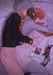  1boy 1girl absurdres ass ass_clap bed bed_sheet black_horns blush breasts commentary_request curled_horns dragon_girl dragon_horns fertilization from_above green_eyes grey_hair hetero highres horns impregnation large_breasts long_hair long_sleeves lying magus_(zenless_zone_zero) mechanical_horns mechanical_tail nipples on_bed on_side open_mouth orange_hair orange_pupils orphie_magnusson ovum pointy_ears sex spooning ssoog tail twintails wise_(zenless_zone_zero) zenless_zone_zero zzz 