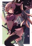  1girl black_skirt breasts chiyoda_momo commentary_request crop_top dark_persona fingerless_gloves gloves green_eyes hair_ornament highres kootee-on long_hair looking_at_viewer machikado_mazoku open_mouth pink_hair pink_shirt ponytail shirt short_ponytail skirt small_breasts thighhighs x_hair_ornament 
