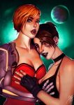  2girls absurdres adrian_wolve animal_ear_piercing aqua_background asymmetrical_hair bare_arms bare_shoulders black_choker black_gloves black_lips black_tank_top blue_eyes breasts brown_hair choker cleavage collarbone commentary cyborg damillia_seraph_(theburning1) dated earrings english_commentary eve_online face_piercing facial_tattoo fingerless_gloves gallente_federation_(eve_online) gloves grabbing_another's_breast groping highres jewelry joints lips mechanical_arms medium_breasts multiple_girls nose nose_piercing nose_ring open_mouth orange_hair original piercing planet prosthesis prosthetic_arm red_eyes red_lips robot_joints science_fiction short_hair signature single_mechanical_arm sleeveless strapless tank_top tattoo teeth upper_body upper_teeth_only 