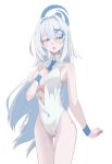  1girl animal_hair_ornament blue_archive blue_halo blue_necktie blue_wrist_cuffs breasts cleavage collared_one-piece_swimsuit commentary_request covered_navel fandral_(vnfmvnfm) gradient_eyes hair_intakes hair_ornament halo highres long_hair long_white-haired_odyssey_student_(blue_archive) multicolored_eyes necktie one-piece_swimsuit solo swimsuit whale_hair_ornament white_background white_hair white_one-piece_swimsuit wrist_cuffs 