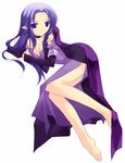  barefoot braid caster dress fate/stay_night fate_(series) feet long_dress long_hair minazuki_haruka pointy_ears purple_eyes purple_hair solo 