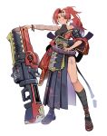  1girl absurdres arm_tattoo armor armor_request back_bow bandaged_ankle bead_bracelet beads black_shirt black_survival bow bracelet character_request check_character commentary_request cross-laced_sandals eternal_return:_black_survival from_side full_body geta grin high_ponytail highres holding holding_rocket_launcher holding_weapon japanese_armor japanese_clothes jewelry kimono kimono_partially_removed korean_commentary leg_tattoo mnnnya multicolored_hair off_shoulder pauldrons ponytail red_hair red_kimono rocket_launcher rope sandals shimenawa shirt shoulder_armor side_slit simple_background single_sode sleeveless sleeveless_turtleneck smile solo spiked_pauldrons spikes streaked_hair tabi tattoo turtle turtleneck weapon white_background white_streaks yukata 