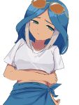  1girl bikini bikini_top_only blue_eyes blue_hair blue_sarong bodysuit breasts commentary eyewear_on_head gotoobi0 hand_on_own_arm highres inazuma_eleven inazuma_eleven_(series) long_hair looking_to_the_side medium_breasts multicolored_hair no_pupils sarong see-through_clothes see-through_shirt shirt solo sunglasses swimsuit the_genesis two-tone_hair white_background white_bodysuit white_hair white_shirt yagami_reina 