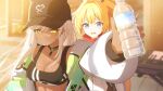  2girls animal_ear_headwear artist_request baseball_cap black_collar black_hat black_sports_bra blonde_hair blue_eyes bottle breasts cleavage closed_mouth collar dark-skinned_female dark_skin game_asset green_jacket hat high_ponytail holding holding_bottle instrument jacket keyboard_(instrument) large_breasts lilly_lavoix long_hair multicolored_jacket multiple_girls muv-luv muv-luv_girls_garden official_art open_clothes open_jacket open_mouth plastic_bottle ponytail red_scarf reivel_brightleaf scarf sharp_teeth sports_bra sweatdrop teeth third-party_source upper_teeth_only white_hair white_jacket yellow_eyes 