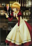  alcohol antenna_hair bottle brown_hair crease dress drink food fruit gotou_junji green_hair highres leaning_forward long_sleeves maid maid_headdress megami non-web_source official_art orange sakura_hime scan short_hair smile solo stool tray tsubasa_chronicle waitress wine 