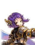  1girl another_eden another_eden_art_team armor bob_cut breastplate breasts brown_eyes dress from_behind gauntlets hair_ornament holding holding_polearm holding_weapon long_dress looking_at_viewer looking_back lowres official_art pauldrons polearm purple_hair short_eyebrows short_hair shoulder_armor simple_background small_breasts smile soira_(another_eden) solo tachi-e tareme third-party_source transparent_background two-handed upper_body variant_set weapon 