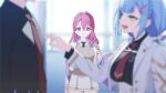  1boy 2girls artist_request black_shirt blazer blue_hair blurry blurry_foreground brown_sweater_vest commander_(girls_garden) game_asset green_eyes hair_ornament himekawa_senka jacket kira_kurara long_hair mole mole_under_eye multiple_girls muv-luv muv-luv_girls_garden necktie official_art open_clothes open_jacket open_mouth pointing pointing_at_another purple_eyes red_hair red_necktie school_uniform shirt skirt stole sweater_vest third-party_source white_jacket white_skirt 
