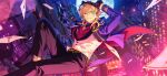 1boy arm_up belt black_gloves blonde_hair brown_eyes building buttons ensemble_stars! envelope eye_mask floating_clothes floating_hair game_asset gloves grin hakaze_kaoru happy_elements jacket kaitou_fake_(ensemble_stars!) layered_clothes long_sleeves looking_at_viewer male_focus mask moon night official_art open_clothes open_jacket outdoors pants smile solo third-party_source 
