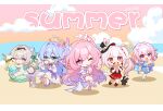  5girls absurdres beach black_hat black_shirt blue_eyes blue_hair blue_skirt bow bowtie bubble_tea chibi chibi_only chinese_commentary cloud commentary_request crepe crossed_legs cup cyrene_(demiurge)_(honkai:_star_rail) cyrene_(honkai:_star_rail) dafu_zhentan detached_sleeves dress drinking firefly_(honkai:_star_rail) flower food gold_halo green_eyes grey_hair hair_flower hair_ornament halo hat high_heels highres holding holding_cup holding_food honkai:_star_rail honkai_(series) ice_cream leaf_hair_ornament march_7th_(honkai:_star_rail) mini_hat multicolored_eyes multicolored_hair multiple_girls ocean one_eye_closed open_mouth pink_eyes pink_hair pink_sky pleated_skirt purple_bow purple_bowtie purple_eyes purple_hair red_skirt red_streaks robin_(honkai:_star_rail) shirt short_sleeves sitting skirt sky sparkle_(honkai:_star_rail) sparxie_(honkai:_star_rail) standing streaked_hair swim_ring table teacup teapot two-tone_eyes v white_dress white_hair white_sleeves 