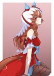  1girl animal_ears arm_support bare_shoulders black_thighhighs border breasts brown_background brown_hair brown_tail commentary_request detached_sleeves dress ear_covers ear_ribbon from_side hair_between_eyes hair_ornament hair_ribbon highres horse_ears horse_girl horse_tail long_hair looking_at_viewer multicolored_hair niku85son red_dress red_eyes ribbon seiza simple_background sitting small_breasts solo still_in_love_(scarlet_vow_raiment)_(umamusume) still_in_love_(umamusume) streaked_hair tail tail_through_clothes thighhighs umamusume veil white_border white_streaks white_veil 