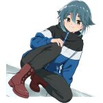  1girl azumawari_(azumofu) black_pants blue_hair boots brown_eyes closed_mouth commentary_request fang hair_between_eyes highres jacket komada_kako long_sleeves looking_at_viewer mono_(afro) on_one_knee pants short_hair skin_fang smile solo thick_eyebrows 