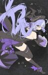  1girl black_background black_gloves black_hat black_wings breasts detached_sleeves eye_mask frilled_sleeves frills from_side gloves half_eye_mask half_mask hat highres long_hair long_sleeves looking_at_viewer mask medium_breasts official_alternate_costume one_eye_closed pkgllllllv pointy_ears purple_hair red_eyes star_(symbol) vivian_banshee white_mask winged_hat wings zenless_zone_zero 