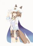  1girl animal_ears ascot black_shorts blue_cape blue_eyes blush breasts bright_pupils brown_hair cape cheval_grand_(grand_itineraire)_(umamusume) cheval_grand_(umamusume) ear_covers ears_through_headwear gloves hair_between_eyes hakugitsu hat hat_belt highres horse_ears horse_girl horse_tail jacket long_hair multicolored_hair peaked_cap shorts simple_background single_glove solo streaked_hair tail umamusume white_background white_gloves white_hair white_hat white_jacket white_pupils yellow_ascot 