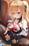  1girl ahoge angdo_(kakajo26) bare_shoulders black_skirt blonde_hair blush breasts brown_thighhighs chalky_(zenless_zone_zero) chopsticks cissia_(zenless_zone_zero) cleavage commentary detached_sleeves eating food hair_between_eyes hair_ornament hairclip highres holding holding_chopsticks indoors instant_cup_noodles instant_noodles large_breasts long_hair looking_at_viewer metal_wrist_cuffs miniskirt noodles pink_nails pom_pom_(clothes) pom_pom_hair_ornament red_eyes sitting skirt snake sweatdrop thighhighs white_snake zenless_zone_zero 
