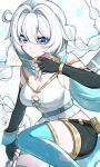  1girl absurdres ahoge black_shorts blue_eyes blue_scarf blue_thighhighs braid breasts cleavage commentary_request cutescookie elbow_gloves fingerless_gloves gloves highres honkai_(series) honkai_impact_3rd kiana_kaslana kiana_kaslana_(world_428) large_breasts long_hair scarf shirt short_shorts shorts solo thighhighs twin_braids very_long_hair white_shirt 