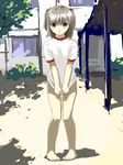  blush bottomless covering covering_crotch day gym_uniform nikonikomachi no_panties original outdoors pigeon-toed red_eyes school school_yard shirt shirt_tug short_hair solo t-shirt 