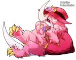 :3 absol animal_focus artist_name bean_bag_chair claws clothed_pokemon commentary commission cup english_commentary fluffy hair_over_one_eye hat holding holding_cup horns looking_at_viewer mug no_humans original pawpads pink_eyes pink_fur pink_hair pink_hat pokemon pokemon_(creature) pokemon_focus reclining sifyro simple_background single_horn solo tea transparent_background 
