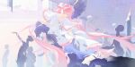  1girl absurdly_long_hair absurdres bow chaconne chest_jewel closed_mouth dress eyelashes feathers frilled_sleeves frills full_body gem gloves hair_bow highres kaname_madoka light_particles long_dress long_hair looking_at_another madoka_runes magical_girl mahou_shoujo_madoka_magica mahou_shoujo_madoka_magica_(anime) open_clothes open_dress pillar pink_gem pink_hair sample_watermark short_sleeves signature smile solo_focus space_print starry_sky_print statue two-sided_dress two-sided_fabric two_side_up ultimate_madoka very_long_hair watermark white_background white_bow white_dress white_gloves wide_sleeves yellow_eyes 