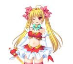  1girl ahoge blonde_hair bow breasts bustier cleavage elbow_gloves game_asset gloves hair_bow holding holding_knife kamei knife large_variant_set long_hair magical_girl medium_breasts midriff navel non-web_source official_art one_eye_closed open_mouth red_eyes red_gloves ribbon sakurai_asahi_(seisenki_valkyrie_sisters) seisenki_valkyrie_sisters self-datamine simple_background skirt smile solo sword tachi-e thighhighs transparent_background twintails valkyrie_flare variant_set weapon 