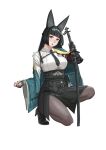 1girl absurdres amoemo animal_ear_fluff animal_ears aqua_jacket arm_out_of_sleeve black_gloves black_hair black_necktie black_pantyhose black_skirt breasts fingerless_gloves fox_ears fox_girl gauntlets gloves high-waist_skirt high_heels highres holding holding_sword holding_weapon hoshimi_miyabi jacket katana long_hair looking_at_viewer necktie on_one_knee open_mouth pantyhose red_eyes shirt sidelocks simple_background single_fingerless_glove single_gauntlet skirt solo sword weapon white_background white_shirt zenless_zone_zero 