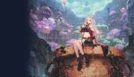  1girl apple atelier_(series) atelier_karia bare_shoulders benitama black_gloves black_skirt cauldron coat eating food fruit gloves highres holding holding_food holding_fruit horn_ornament horns karia_(atelier) long_hair looking_at_viewer navel official_art red_coat ribbon skirt solo white_hair 