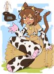  1girl animal_ears animal_print bandaid bandaids_on_nipples bikini blush brown_hair cat_ears cat_girl cat_tail commentary cow_ears cow_horns cow_print cow_print_bikini cow_print_thighhighs english_text fake_animal_ears fake_horns furry furry_female gameoverse highres horns kit_bodega looking_at_viewer ohta_guk_hip open_mouth pasties print_bikini print_thighhighs red_eyes short_hair sitting solo speech_bubble swimsuit tail thighhighs untranslatable_commentary white_bikini white_thighhighs 