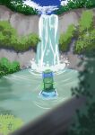  1girl absurdres backpack bag blue_hair blue_shirt blue_skirt bush cloud commentary_request day from_behind gasubanana green_bag green_hat hair_bobbles hair_ornament hat highres kawashiro_nitori leaf long_sleeves medium_hair partial_commentary plant ripples shirt skirt sleeve_cuffs solo touhou twintails water waterfall 